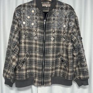 NWOT FP Free People Louie Grey Plaid Embellished Bomber Jacket